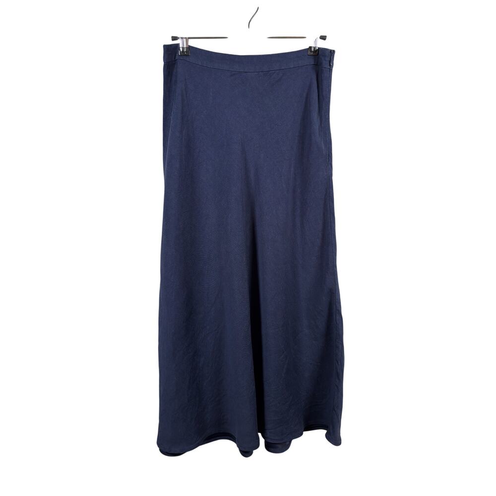 H Halston A-Line Skirt Womens 4 Navy Blue Linen Blend Midi Textured Woven